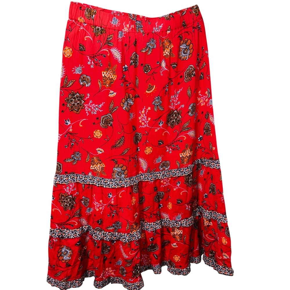 J.Jill Womens Red Floral Tiered Boho Maxi Skirt Elastic Waist Small